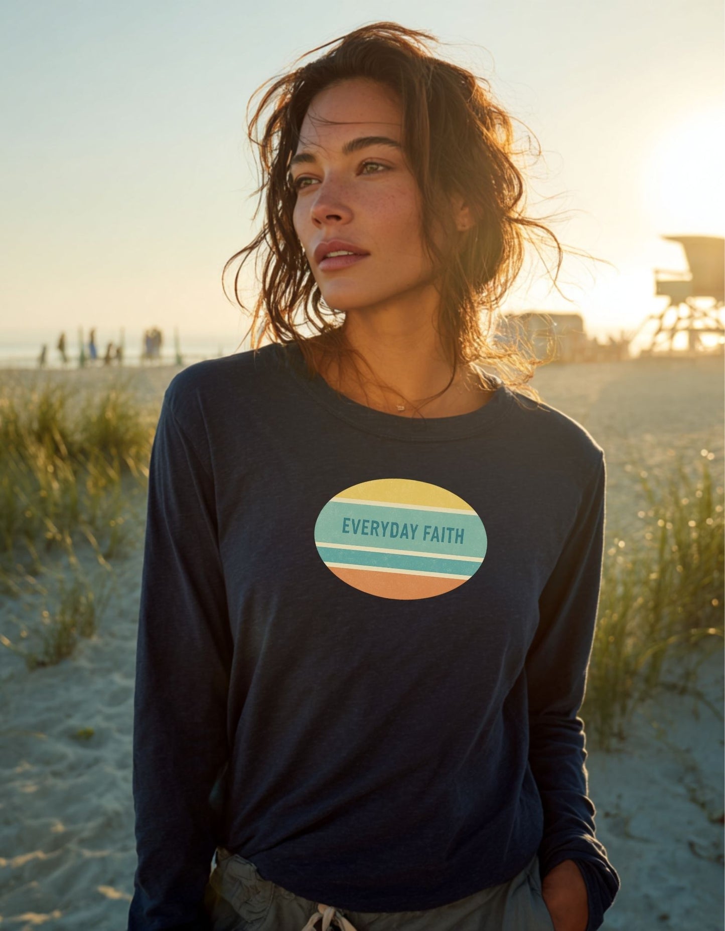 Women's Everyday Faith Faithful Faded Coastal Logo Long Sleeve Tee