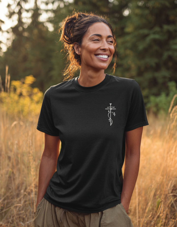 Women's Heavy Weight Super Soft Tee Shirt with Embroidered Floral Cross