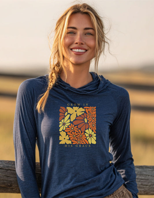 Women's Everyday Grow In His Grace Floral Hooded Long-Sleeve Tee