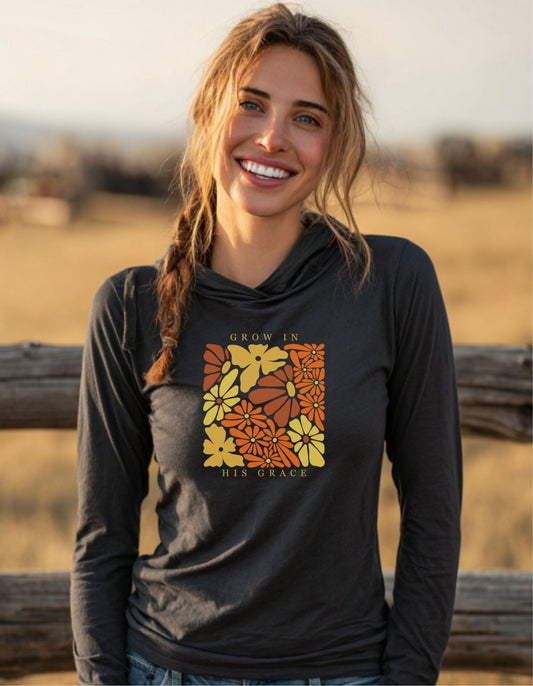 Women's Everyday Grow In His Grace Floral Hooded Long-Sleeve Tee