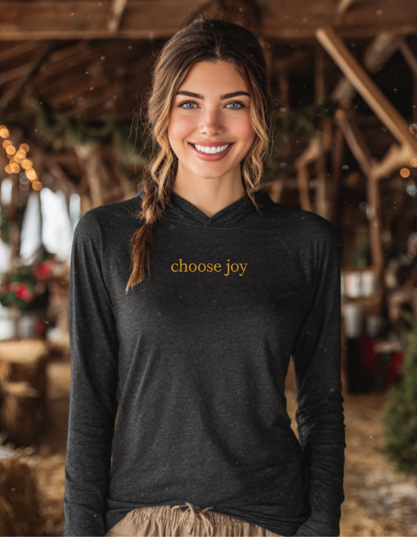 Women's Embroidered Choose joy Hooded Long-Sleeve Tee