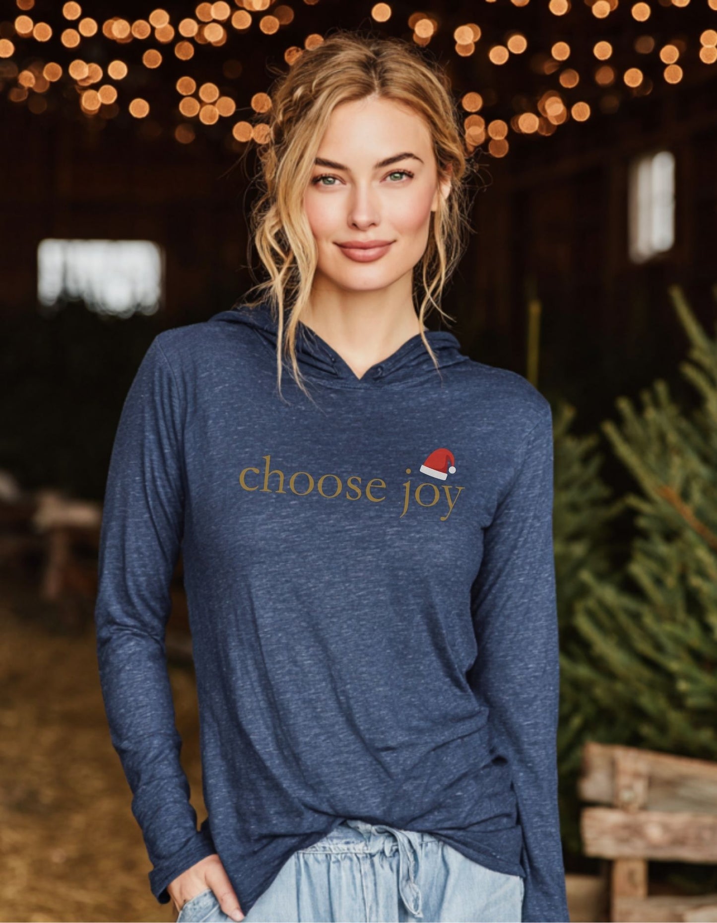 Women's Choose Joy Santa Hat Hooded Long-Sleeve Tee