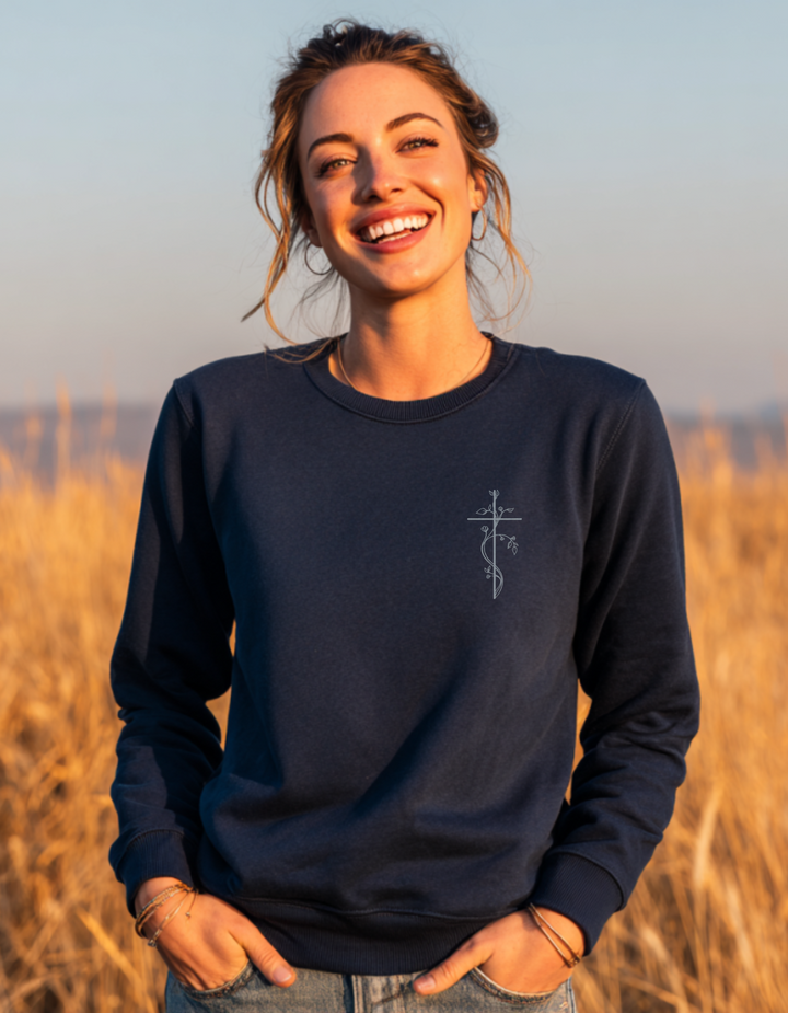 Women's Premium Sweatshirt With Embroidered Floral Cross