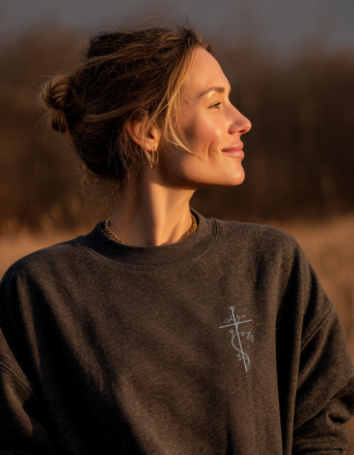 Women's Premium Sweatshirt With Embroidered Floral Cross