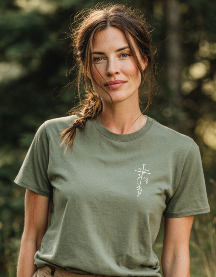 Women's Heavy Weight Super Soft Tee Shirt with Embroidered Floral Cross