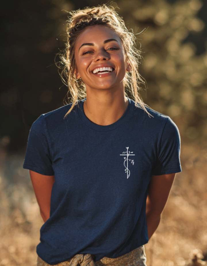 Women's Heavy Weight Super Soft Tee Shirt with Embroidered Floral Cross