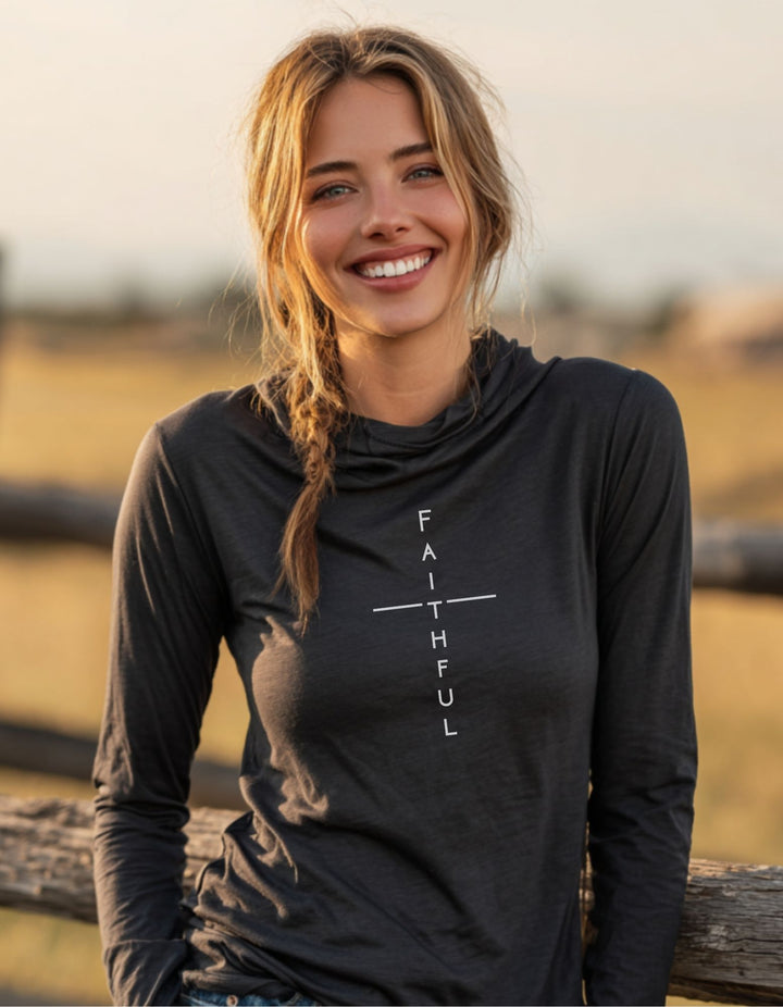 Women's Faithful Cross Hooded Long-Sleeve Tee